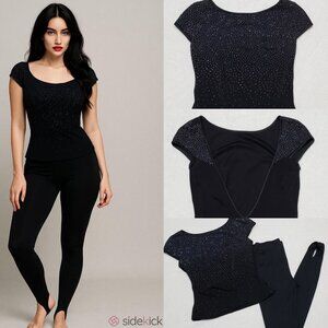 VINTAGE 80s Tadashi Black Metallic Swiss Dot Backless Top High Rise Stirrup Pant